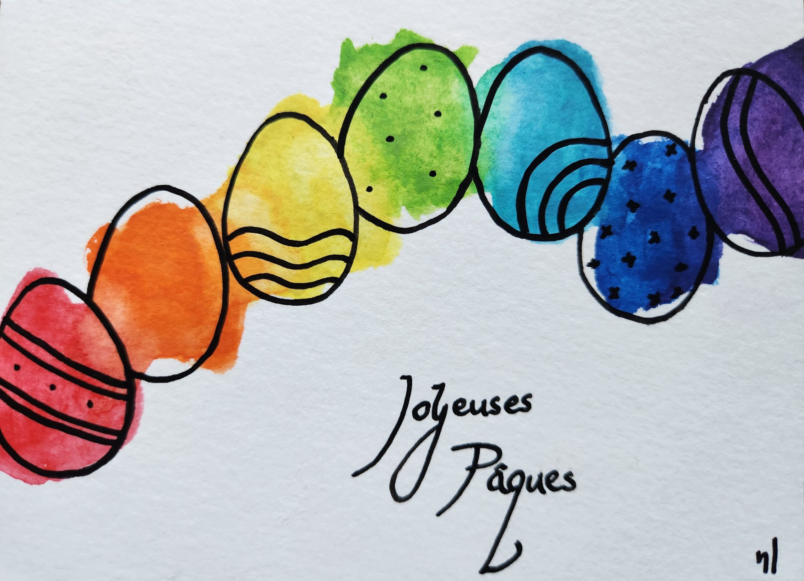 Carte aquarelle œufs de Pâques multicolore