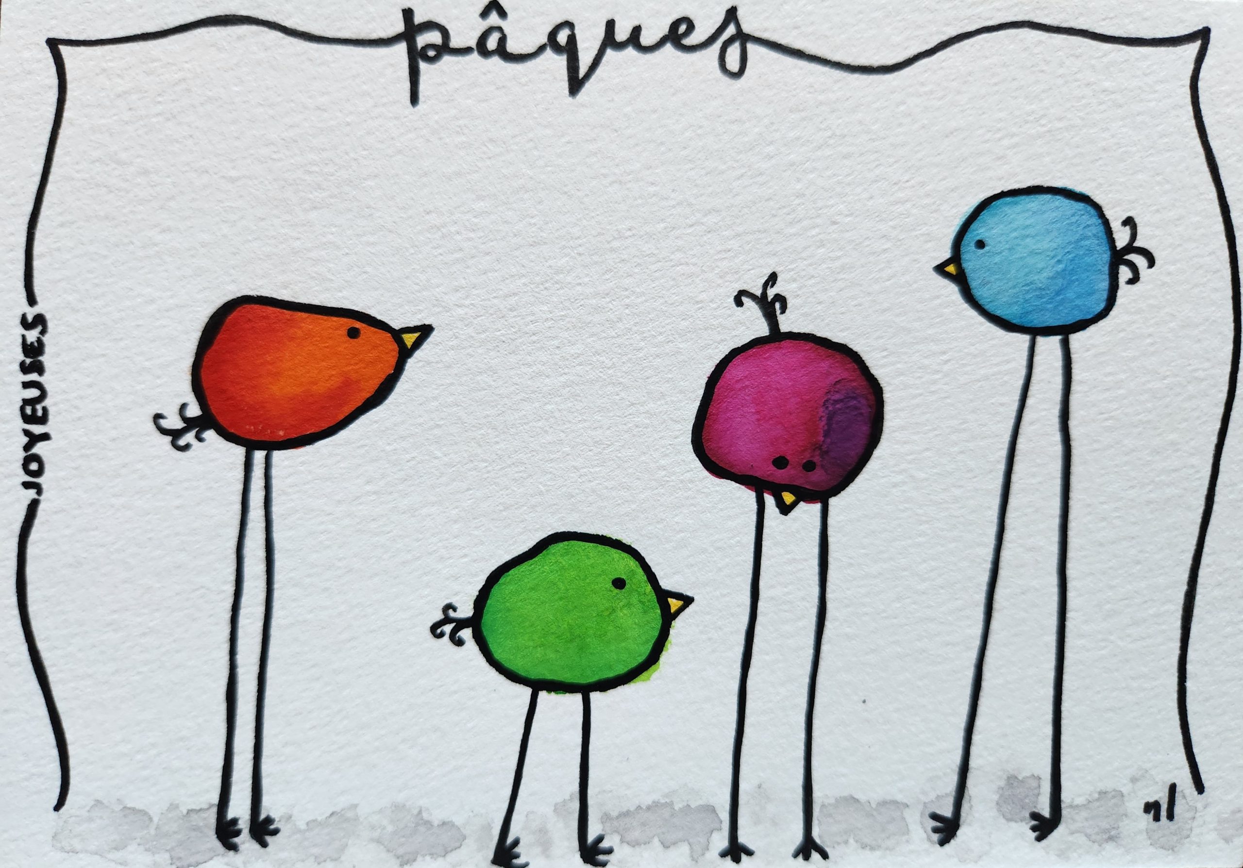 Carte aquarelle oiseaux de Pâques multicolore