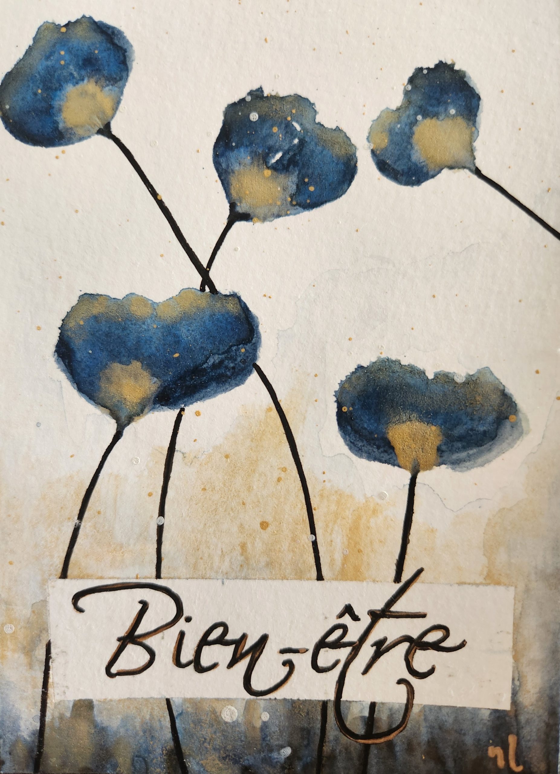 Carte aquarelle fleurs bleues et dorées