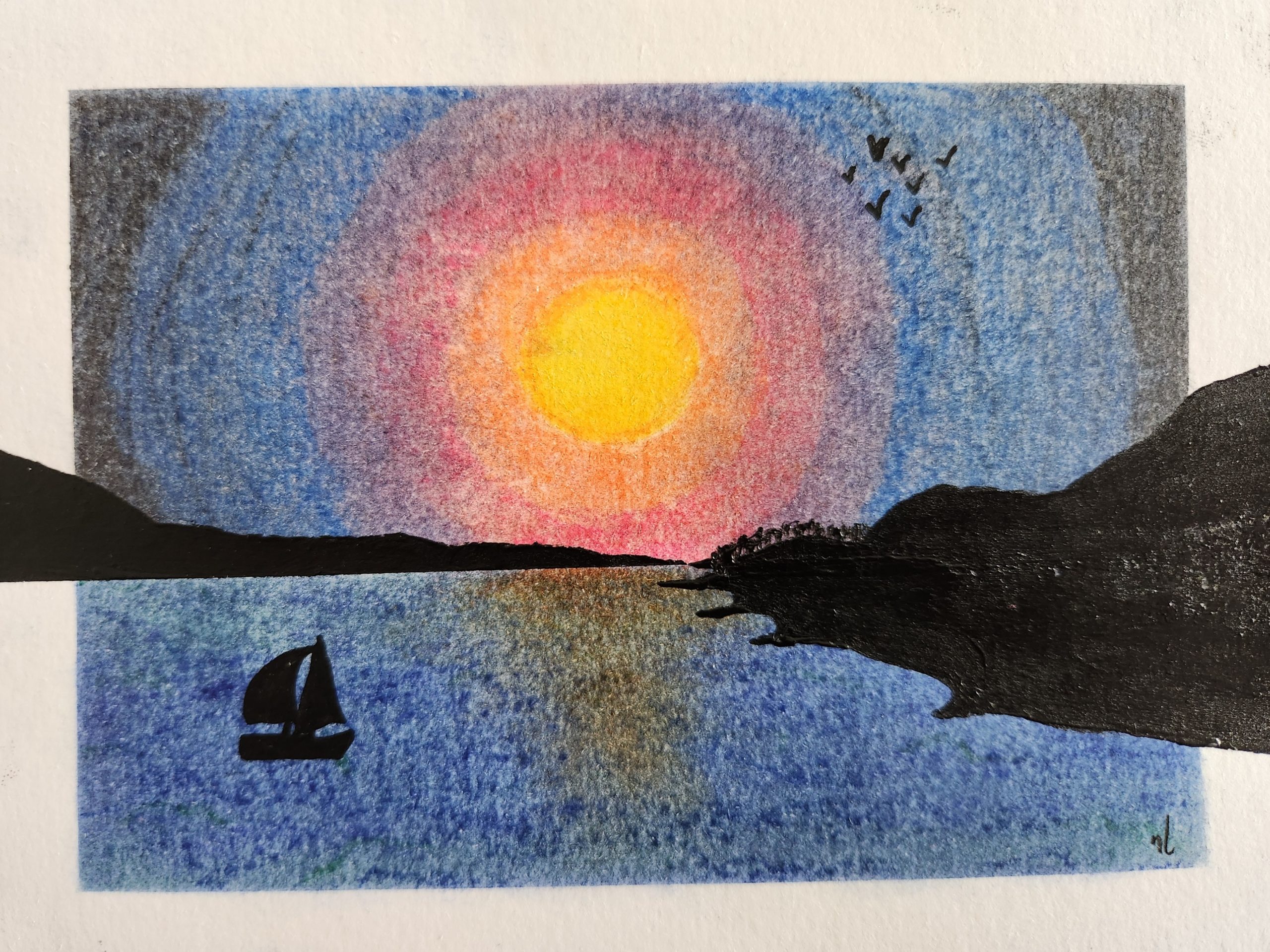 Carte craie et acrylique coucher de soleil